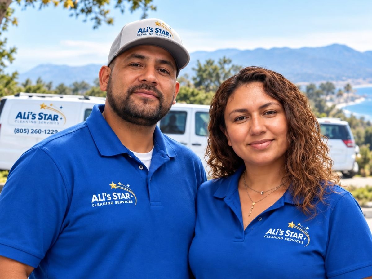 Ali and his wife, owners of Ali's Star Cleaning Services, in front of their company van in San Luis Obispo